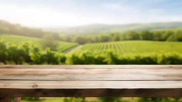 wooden table top with the mountain landscape AI Generated photo