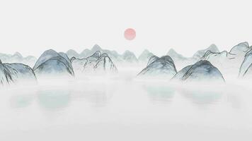 inkt wassen schilderij van bergen, 3d weergave. video