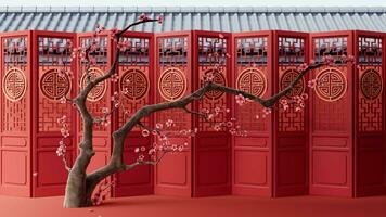 ciruela florecer con chino antiguo puertas, 3d representación. video