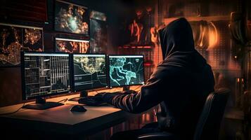 security analyst trying fighting cyber crime. Cyber hacker with computer. AI Generated photo