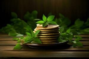 delicious pancakes on wooden table with fruits AI Generated photo