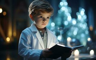 contento pequeño niño en médico traje. ai generado foto