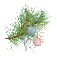 Pine branch with Christmas balls, serpentine digital watercolor style illustration. Xmas tree decoration hand drawn. Element for card, 2023 new year design, holiday print. png