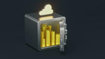 Safe box and gold coins with dark background, 3d rendering. video