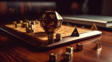 a set of metal dice and a metal dice tower photo
