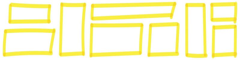 Grunge style yellow box frames and rectangles created with brush lines. Sketchy square borders and stamp effects, sketched. Flat vector illustration isolated on white background.