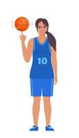 contento mujer baloncesto jugador en uniforme con pelota aislado en blanco antecedentes. vector ilustración.