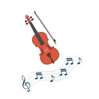 Classic violin with bow. Treble clef with notes on wavy lines. Concept of music and entertainment. Vector illustration.