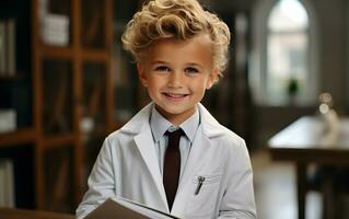 contento pequeño niño en médico traje. ai generado foto