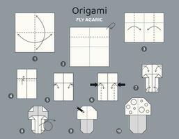 fly agaric origami scheme tutorial moving model. Origami for kids. Step by step how to make a cute origami mushroom. Vector illustration.