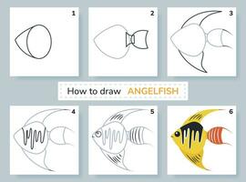 Drawing tutorial. How to draw angelfish. Education and activity page for preschool and school children. Kids worksheet. Step by step art lessons with fish. Vector illustration.