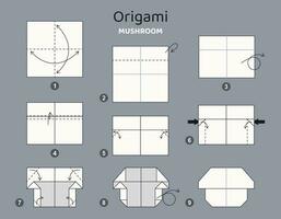 Mushroom origami scheme tutorial moving model. Origami for kids. Step by step how to make a cute origami cep. Vector illustration.