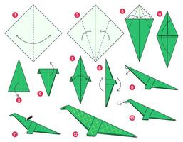 Dinosaur origami scheme tutorial moving model. Origami for kids. Step by step how to make a cute origami dinosaur. Vector illustration.