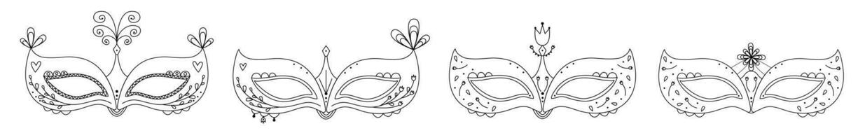 Masquerade masks set, four black line illustrations vector