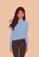 Vector vertical poster. Cute illustration of young woman in blue sweater and jeans. long wavy brown hair. Postcard for the holiday of woman or girl. Web poster, banner, cover.