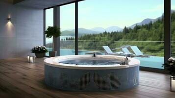a large tub in a modern bathroom with a view of the mountains photo