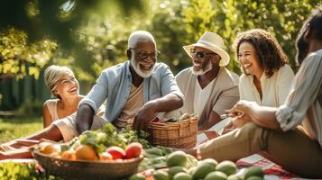 Happy senior diverse people sitting on blanket and having picnic in garden photo