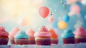 cumpleaños taza pastel con globos antecedentes ai generado foto