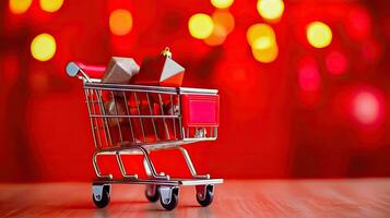 festivo compras extravagancia - carretilla con regalo cajas y bokeh - generativo ai foto