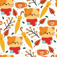 sin costura modelo dibujos animados gato, hojas y otoño vibraciones elemento. linda otoño fondo de pantalla para día festivo. diseño para tela, plano diseño, regalo envolver papel vector