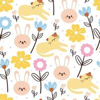 seamless pattern hand drawing cartoon cat, bunny and flower. for kids wallpaper, textile, fabric print, gift wrapping paper vector