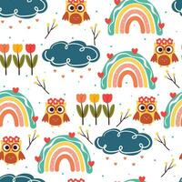 dibujo a mano de patrones sin fisuras búho de dibujos animados, arco iris boho, nubes y flores. fondo de primavera para estampado de tela, textil vector