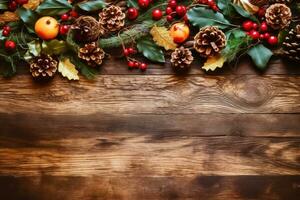 Christmas Tree Ornaments and Branches on Background - Generative AI photo