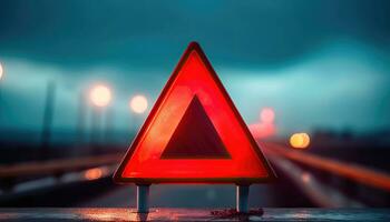 Emergency Warning Sign in Blurry Road Setting - Generative AI photo