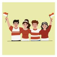 Illustration of 4 people girls and boys carrying indonesian flags celebrate sumpah pemuda vector