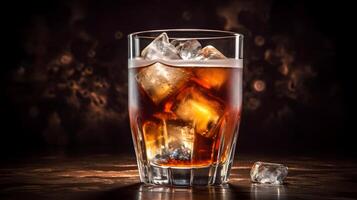 a glass of cola with ice cubes on a table AI Generated photo