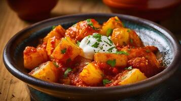 patatas con salsa y adornar en un negro cuenco ai generado foto