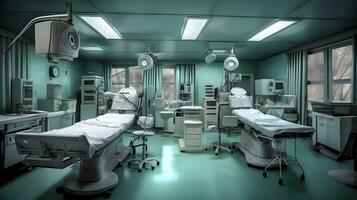 a hospital room with medical equipment and lights photo