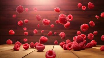 Raspberry on wooden table AI Generated photo