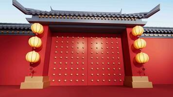 Chinese ancient door, traditional architecture, 3d rendering. video