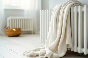 Winter Heating Essentials - White Radiator and Blanket in Modern Apartment - Generative AI photo