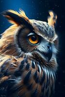 Great Horned Owl close up portrait. AI Generated photo