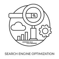 Searching lens, gear, and cloud in an icon depicting search engine optimization vector