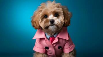 Funny dog dressed up in jacket. AI Generated photo