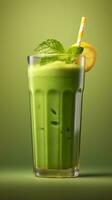Jars of healthy green smoothie with fresh spinach on grey wooden table, closeup AI Generated photo