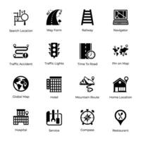 Set of Different Locations, Maps and Navigations Glyph Icons vector