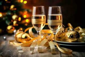 Holiday Eleganc - Champagne Glasses Gleam Among Christmas Decorations - Generative AI photo