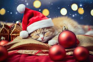 adorable jengibre gatito dormido en Papa Noel sombrero entre Navidad decoraciones - generativo ai foto