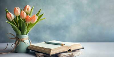 eterno elegancia - tulipán ramo de flores y cuaderno para todas ocasiones - generativo ai foto