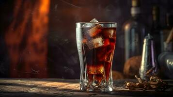 a glass of cola with ice cubes on a table photo