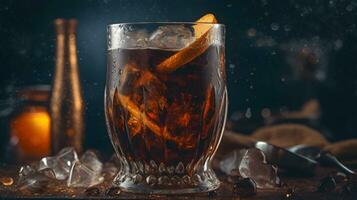 a glass of iced tea with ice cubes photo