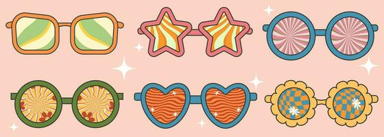 genial retro hippie estilo Gafas de sol. coleccionable Gafas de sol en de moda retro estilo desde el 1970 psicodélico ondulado elementos. vector