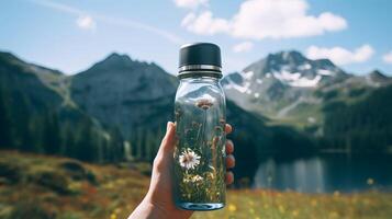 Close-up of female hand holding reusable, steel thermo shiny bottle for water, on the background of clear water of a lake with a turquoise hue. Copy space concept. photo