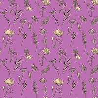 Flat doodle meadow grasses seamless pattern. White and black isolated herbs on purple background. Minimalistic doodle design. Ideal for decoration, textile, wrapping paper, background, greetings vector