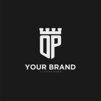 Initials OP logo monogram with shield and fortress design vector