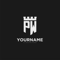 Initials PW logo monogram with shield and fortress design vector